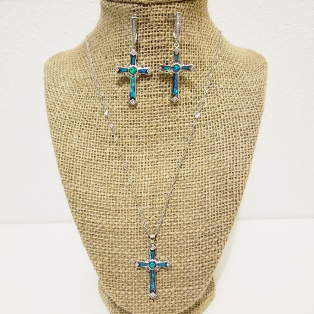 Blue Fire Opal Sterling Silver Necklace and Earrings